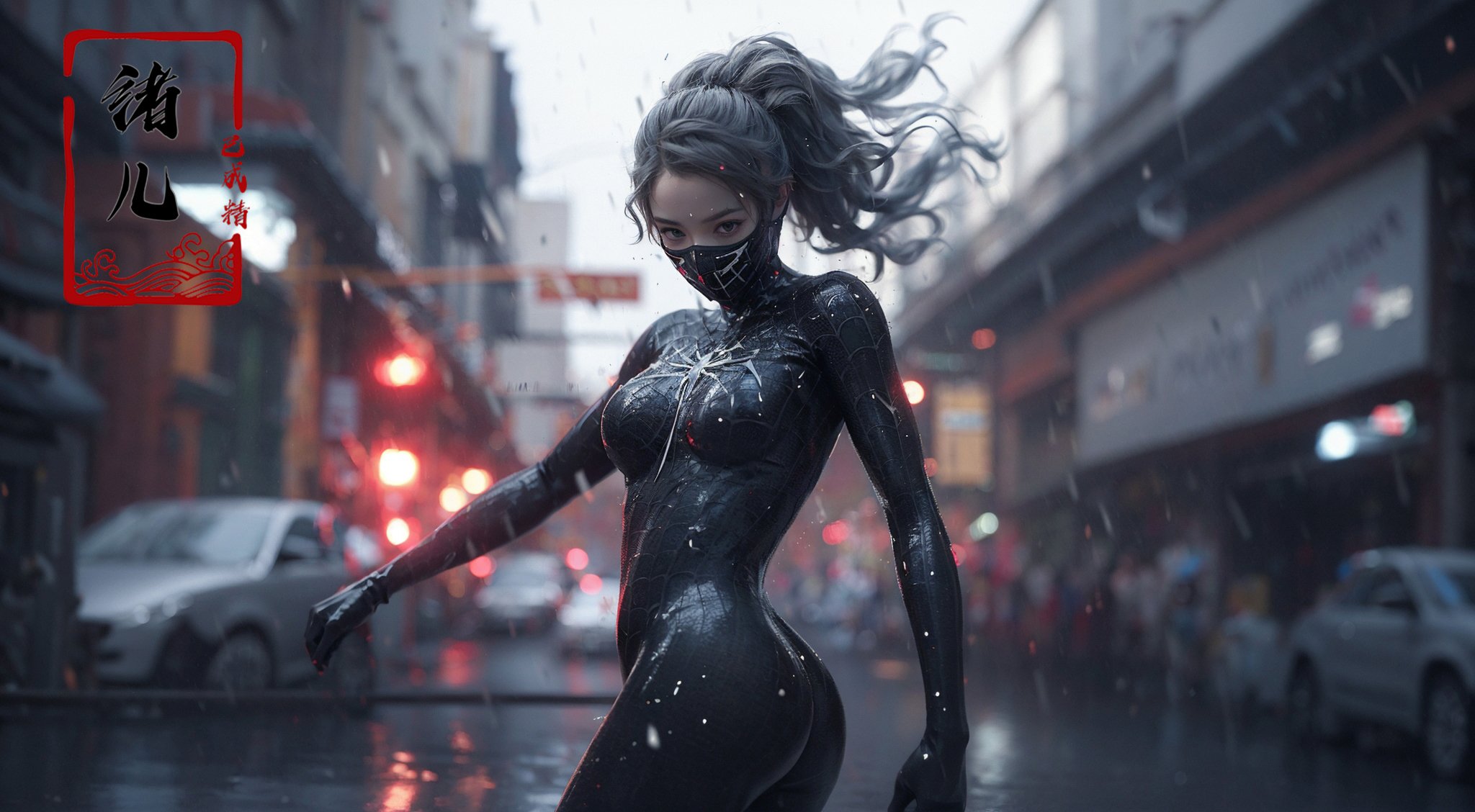 blurry, blurry_background, blurry_foreground, depth_of_field, motion_blur, rain, 1girl, bokeh, bodysuit, photo_background, building, wet, long_hair, city，mask，<lora:绪儿-蜘﷿侠 black Spider Man costume:0.8>