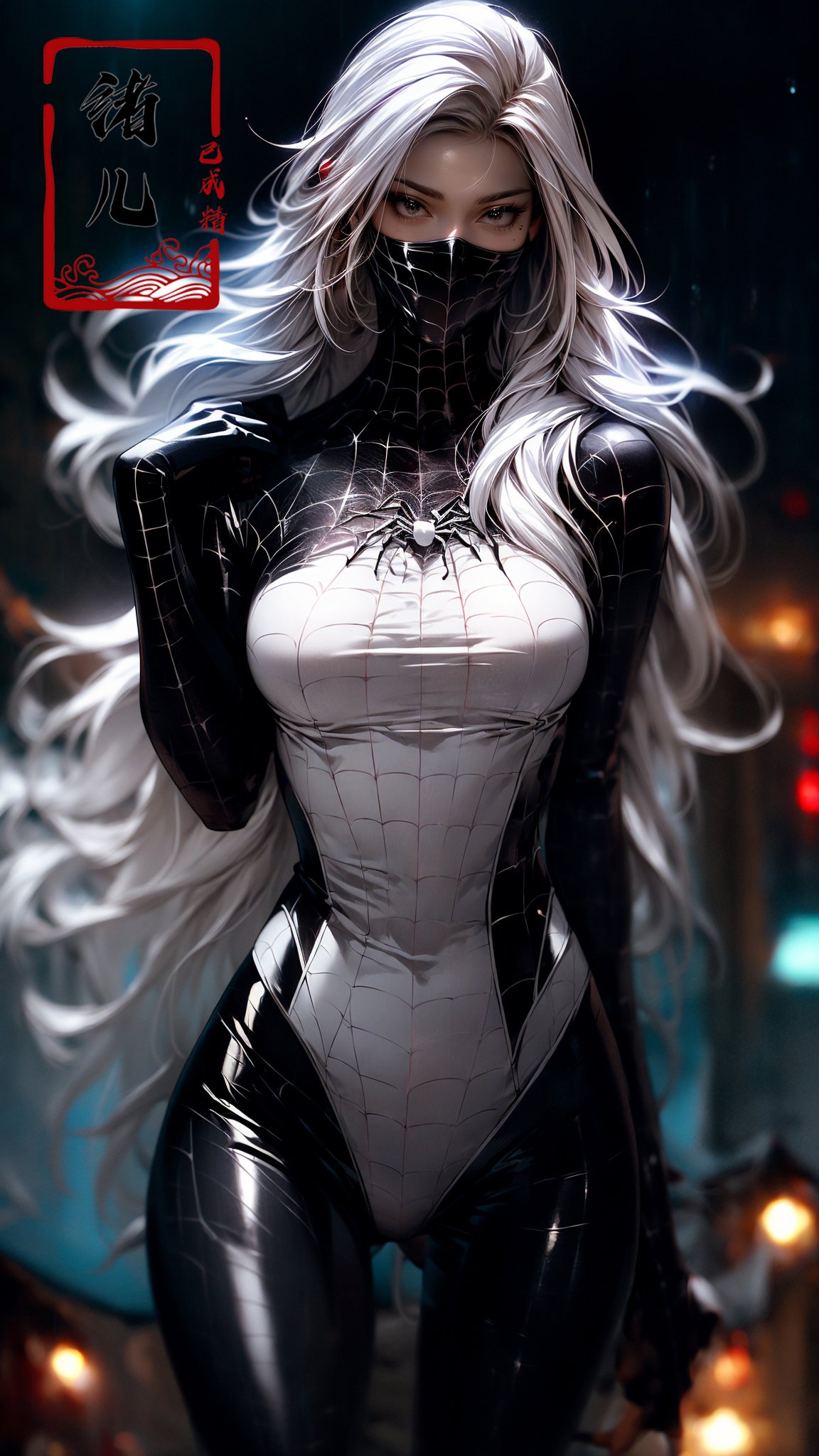 blury background,depth of field, Rainy night, water,Rainy，black Spider Man costume,1gir, solo, mask， (shiny skin:1.5)，skin tight, mole under eye, White hair,,spider web print, gloves，arm support，<lora:绪儿-蜘﷿侠 black Spider Man costume:0.8>