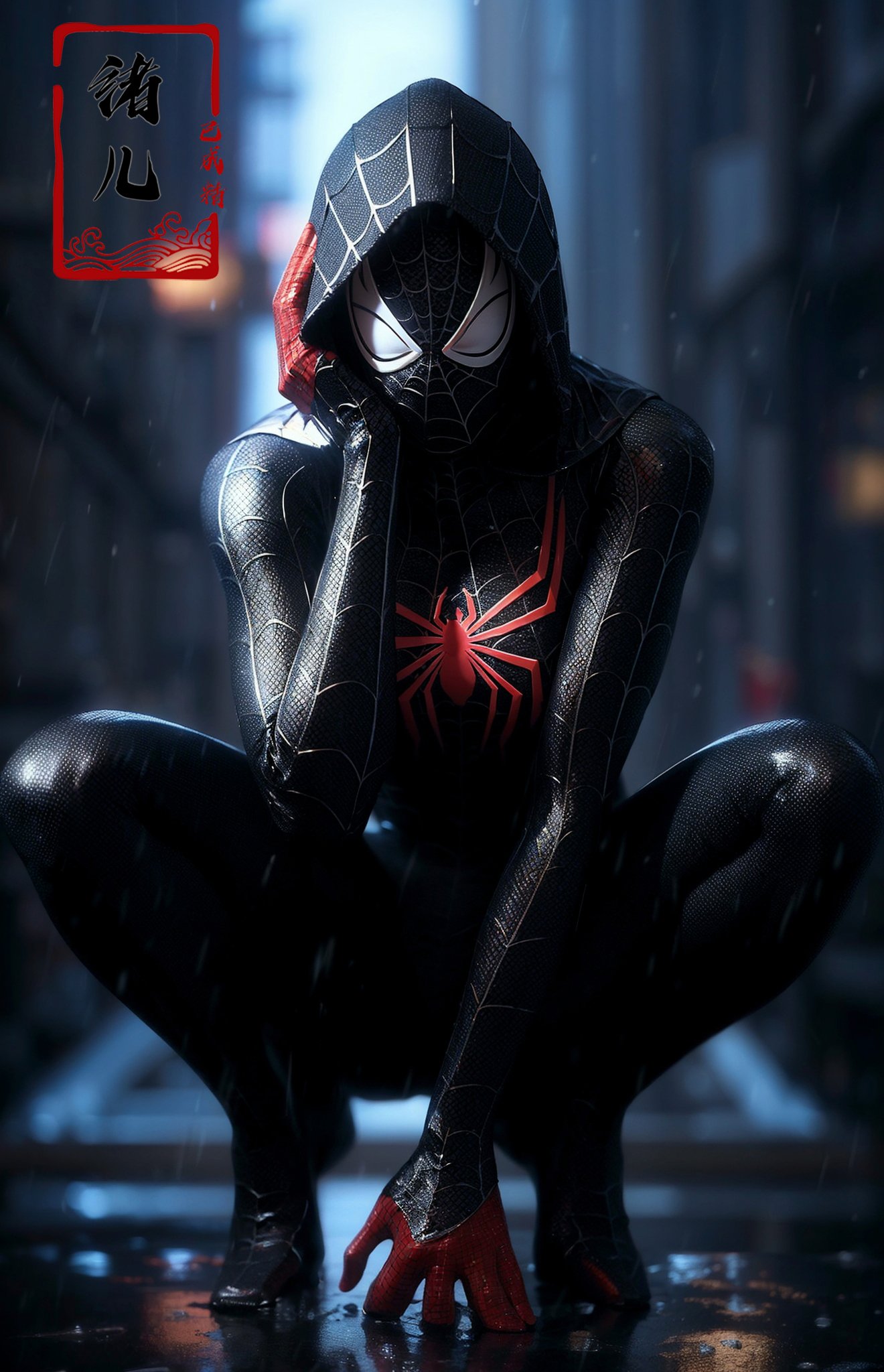 rain, blurry, depth_of_field, squatting, blurry_background, spider_web_print, solo, hood, night, city, spider_web，blury background,depth of field, hooded bodysuit，hood，black Spider Man costume,(shiny skin:1.5)，spider web print,<lora:绪儿-蜘﷿侠 black Spider Man costume:0.8>