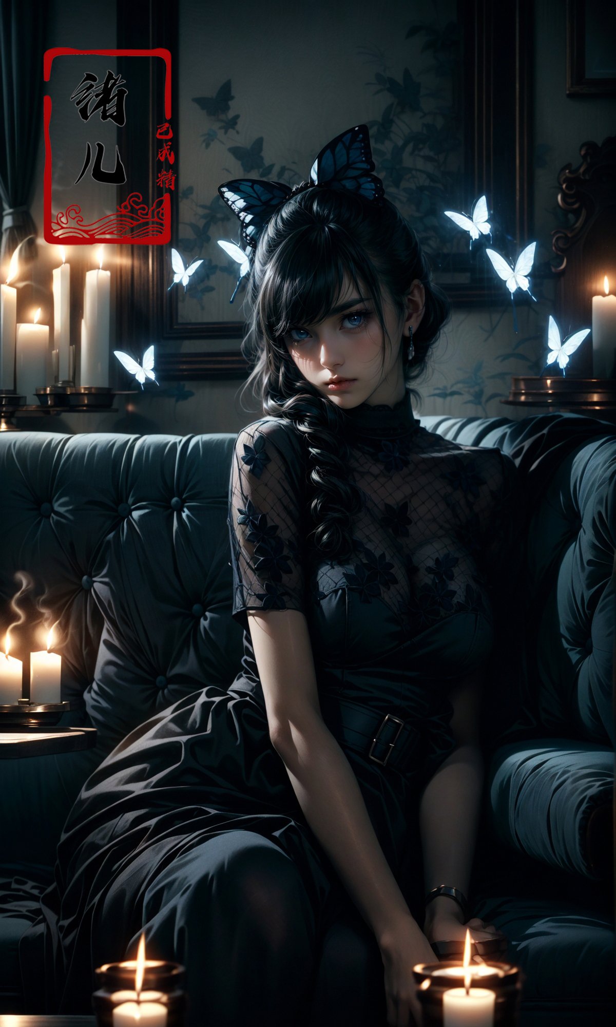 with a girl on a sofa surrounded by candles,matte photo, dark gray and blue, dream-like atmosphere，butterfly，Victoria black maid dress,Black transparent pantyhose,<lora:cinematic sets_20231118021952-000018:0.9>