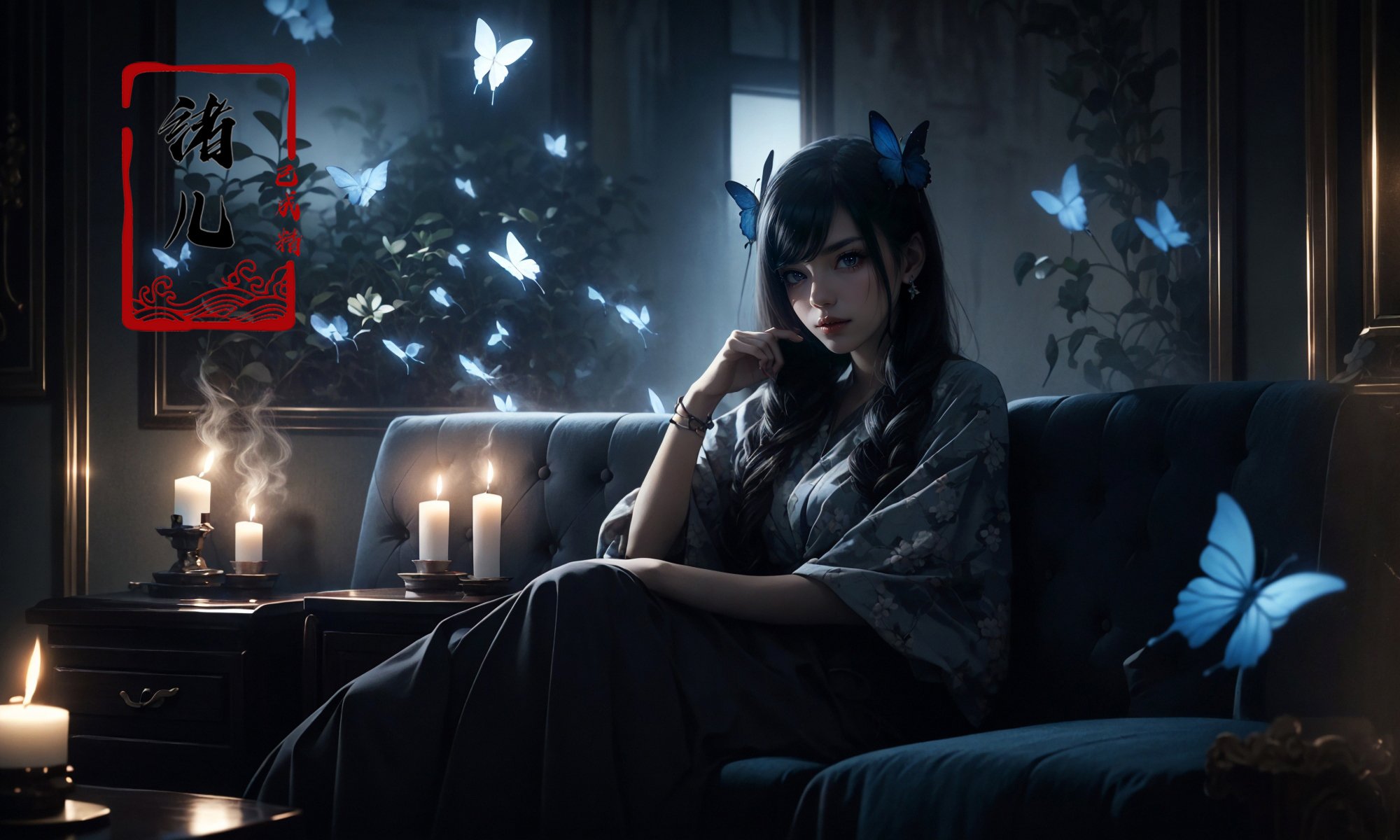 with a girl on a sofa surrounded by candles,matte photo, dark gray and blue, dream-like atmosphere，butterfly，<lora:cinematic sets_20231118021952-000018:0.9>