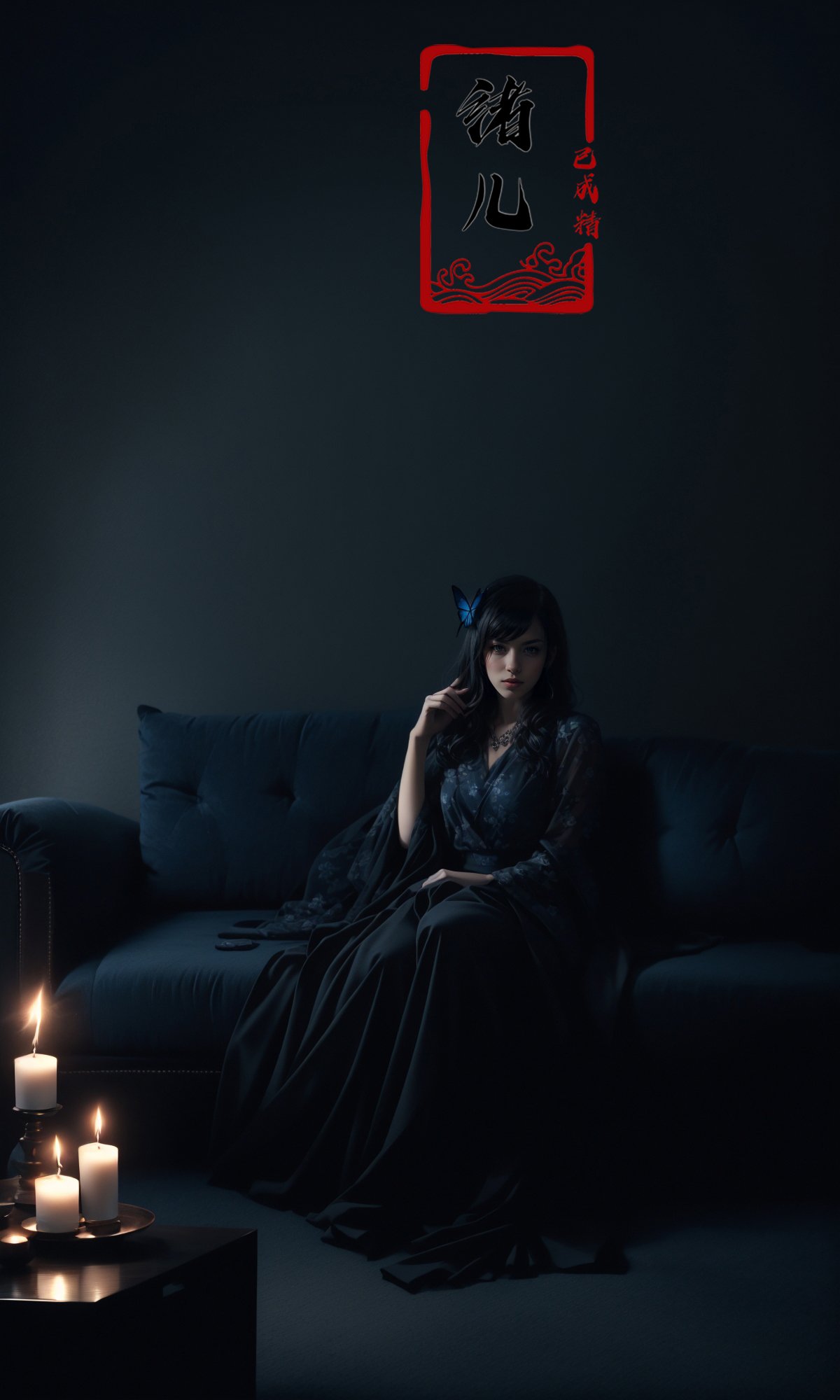 cinematic sets，dark wallpaper，with a girl on a sofa surrounded by candles,matte photo, dark gray and blue, dream-like atmosphere，butterfly，Victoria black maid dress,Black transparent pantyhose,<lora:cinematic sets_20231118021952-000018:0.9>