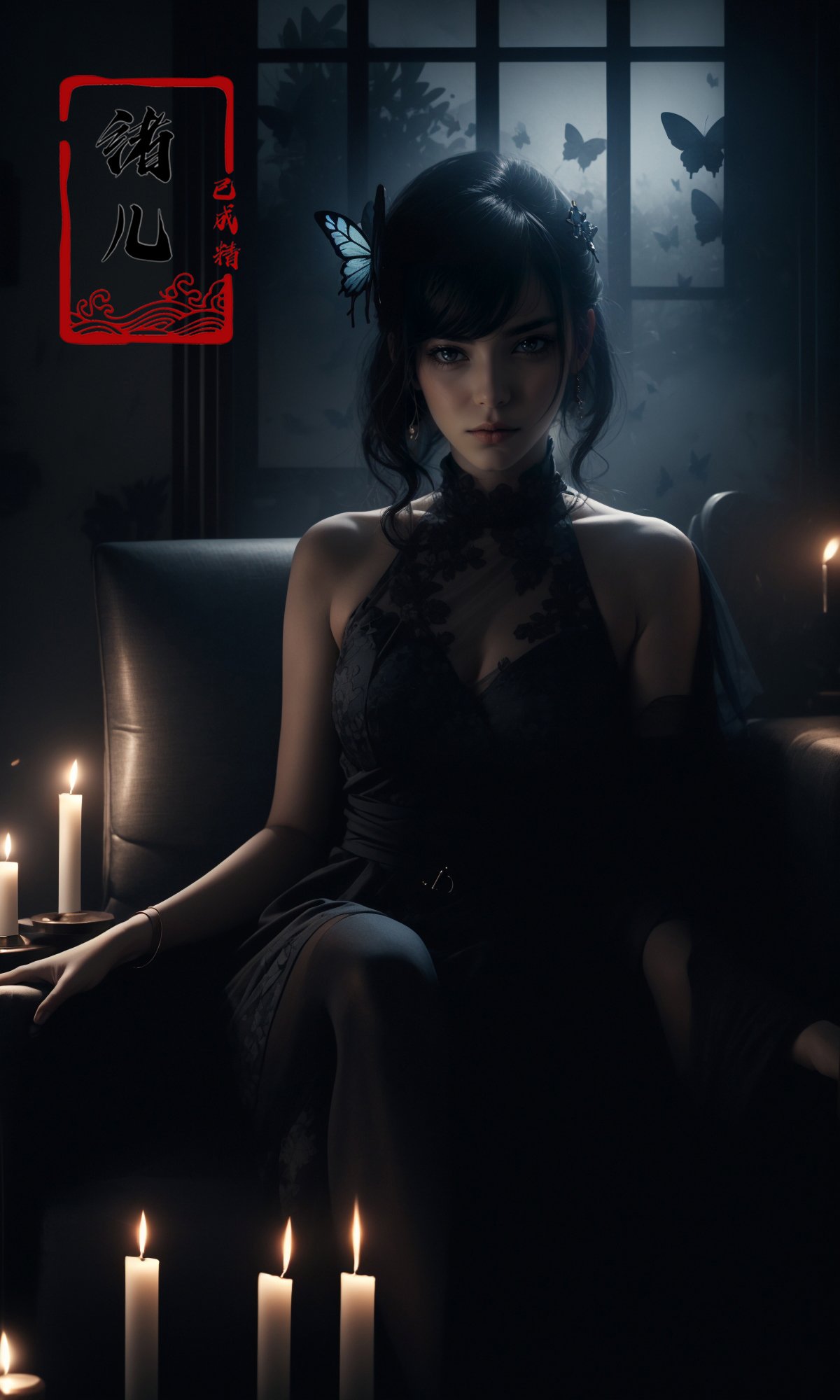 cinematic sets，dark wallpaper，with a girl on a sofa surrounded by candles,matte photo, dark gray and blue, dream-like atmosphere，butterfly，Victoria black maid dress,Black transparent pantyhose,<lora:cinematic sets_20231118021952-000018:0.9> 