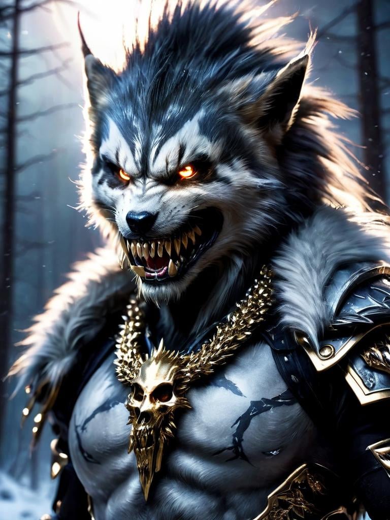 (werewolf:1.2), snow, snowing, (ice), icicles, frozen, chilling, chilled, ominous, horror, creepy, tall, wearing body armor made of human bones, (skull:0.9), (ribcage:1.2), piercings, fur details, fur pattern, (lightning strike), (lightning), storm, cloudy sky, backlighting, forest, nighttime, mist, fog, full moon, detailed claws, glowing, ominous aura Halo, jewelry, necklace, gold chains, (gold spikes), (fangs), smile, snarl, punk, wild hair, chromatic aberration, depth of field, soft lighting, masterpiece, best quality, intricate, tone mapped, highly detailed, artstation, concept art, smooth, sharp focus, dramatic lighting, highly detailed artwork, cinematic, hyper realistic painting, trending on Artstation, 8K, incredible shadows, realistic, (highly detailed background:1.0) <lora:werewolf-sdxl:1>