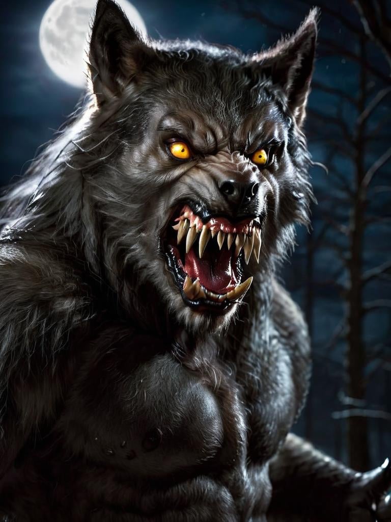 highly detailed analog photo of werewolf:1.2, ((standing)), open mouth, teeth, glowing, yellow eyes, claws, fangs, sharp teeth, realistic:1.3, depth of field, 8k, cinematic, ((night)), ultra detailed masterpiece, best quality:1.1, (analogue photography:1.2)) <lora:werewolf-sdxl:1>