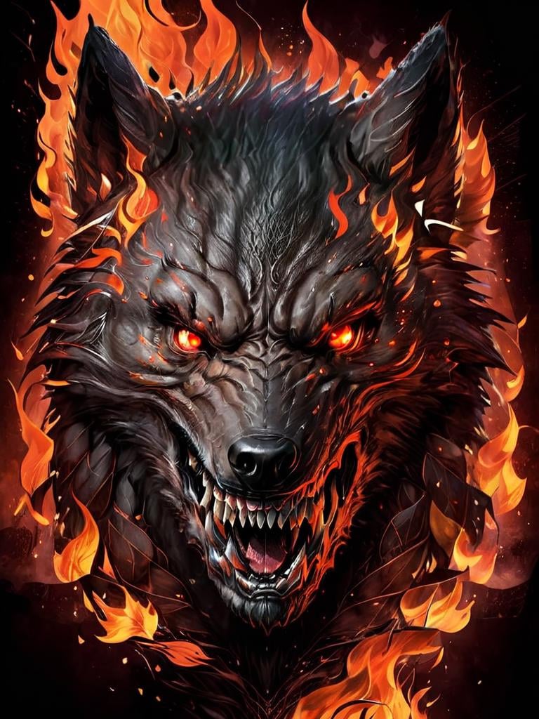 symetric werewolf head, with flames around it<lora:werewolf-sdxl:1>