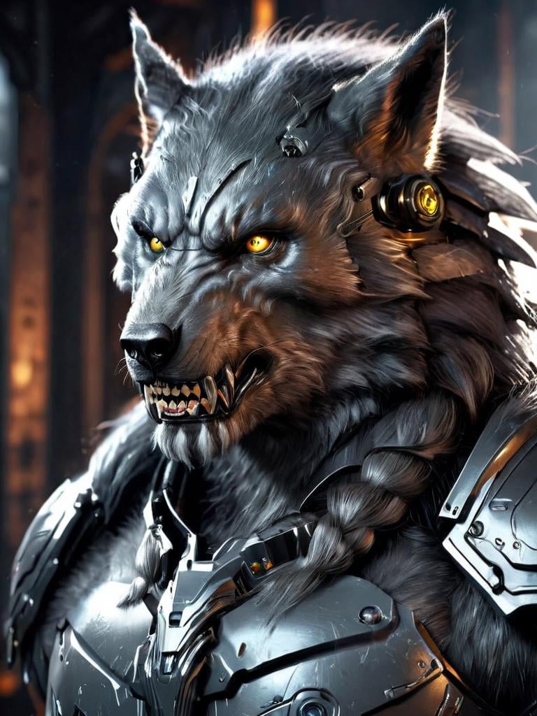 Portrait painting of a cybernetic grey werewolf with power armor, ultra realistic, concept art, intricate details, eerie, highly detailed, photorealistic, octane render, 8 k, unreal engine. art by artgerm and greg rutkowski and alphonse mucha <lora:werewolf-sdxl:1>