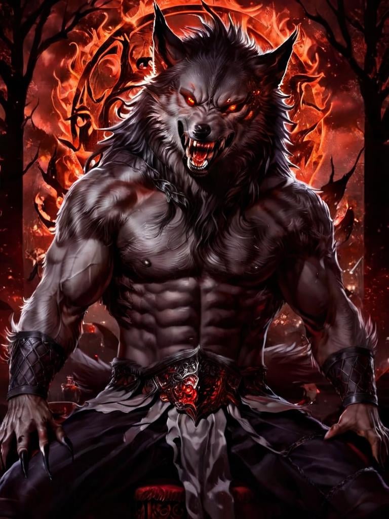 The king of wolves, the mythic monster, the majestic man I’d grown to love and lust for with my every breath, he lay there…bleeding out beside his throne. Dying. Towering over him was a grinning demon…the Demon Lord. He pointed at me with a long, black, spindly finger. ((masterpiece):1.0), (werewolf:1.2), (ring:0.5), (best quality), (great quality) <lora:werewolf-sdxl:1>