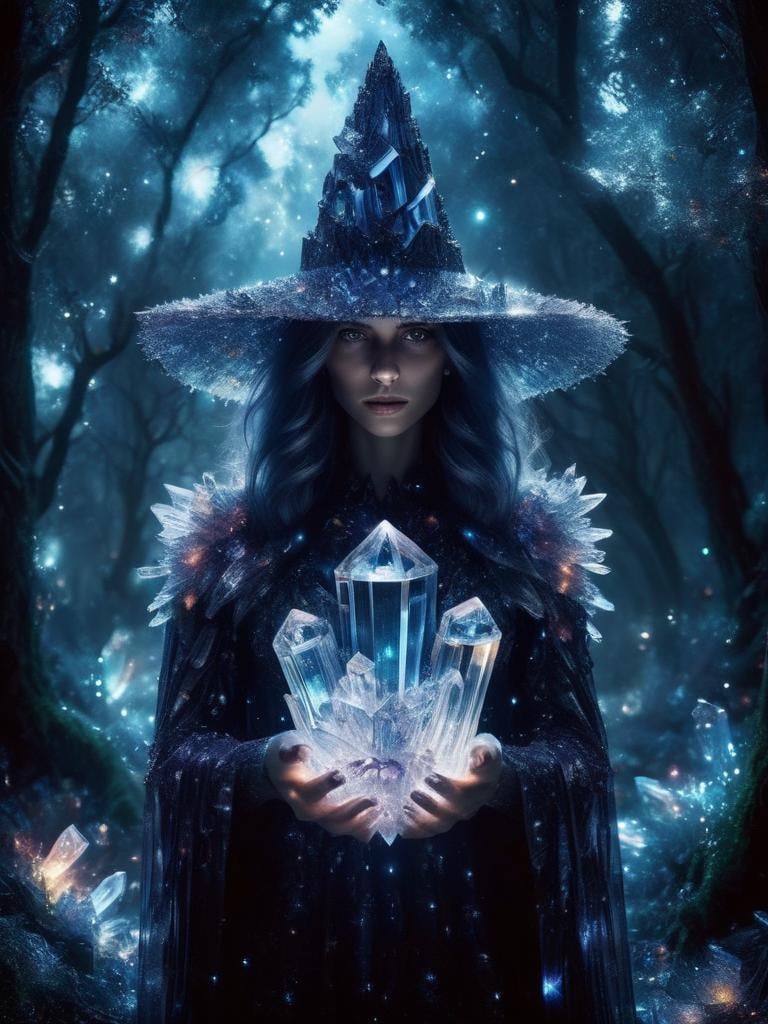 crystal witch in mystical forrest, god ray from behind, dark night, shiny, crystalz <lora:crystalz:1>
