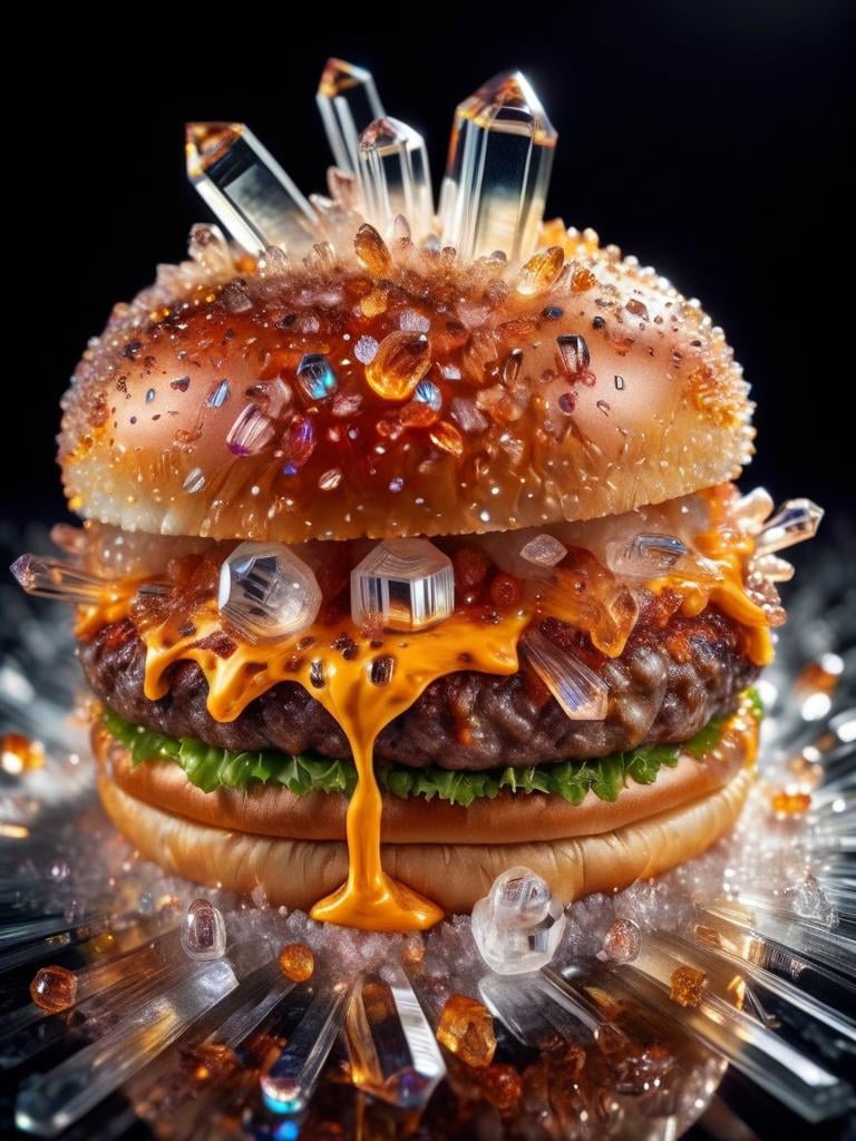 food photography photo of a crystal burger with molten cheese, perfect bun, maximum detail, foreground focus, crystalz  <lora:crystalz:1>