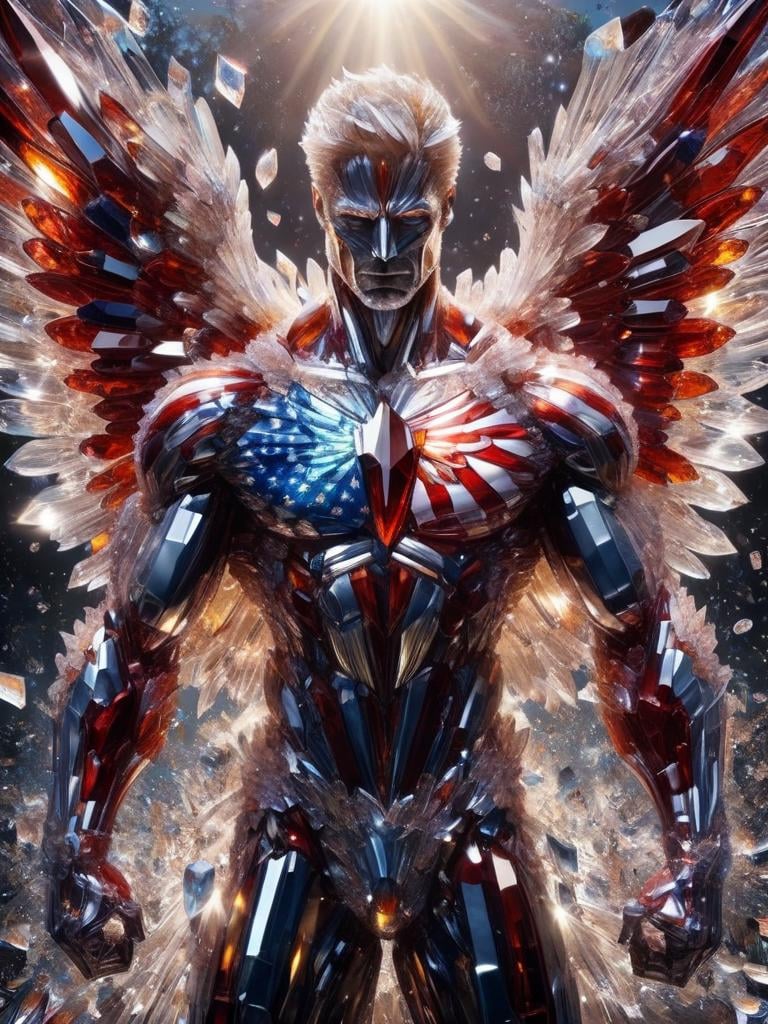 crystal superhero, sprad wings, american flag background, god rays from above, full body shot, crystalz <lora:crystalz:1>