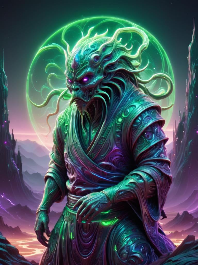 art by Marek Okon and dan mumford,  Yarn model of a large Brother, the Brother is Luminous, Samurai, elegant, Cryptidcore, anaglyph filter, neon green and purple color, alienzkin <lora:alienzkin:0.6>