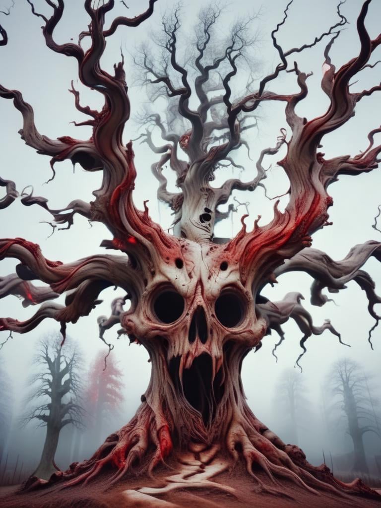 1tree, single tree, skeletons hanging from tree, hanging bodies, blood, horrific scene, huge horror tree made out of bones, tree made out of skeletons, swampy moor background with fog, skeleton trees in the background, red, white, black, yellow, zkeleton <lora:zkeleton:1>