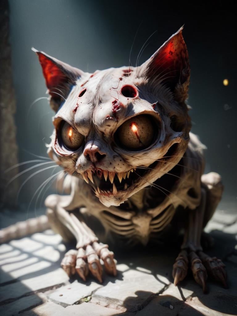 full body shot, skeleton cat looking for food, evil cat, dead cat, bloody open mouth, basement, bright sunlight, stone floor, zkeleton <lora:zkeleton-sdxl:1> 