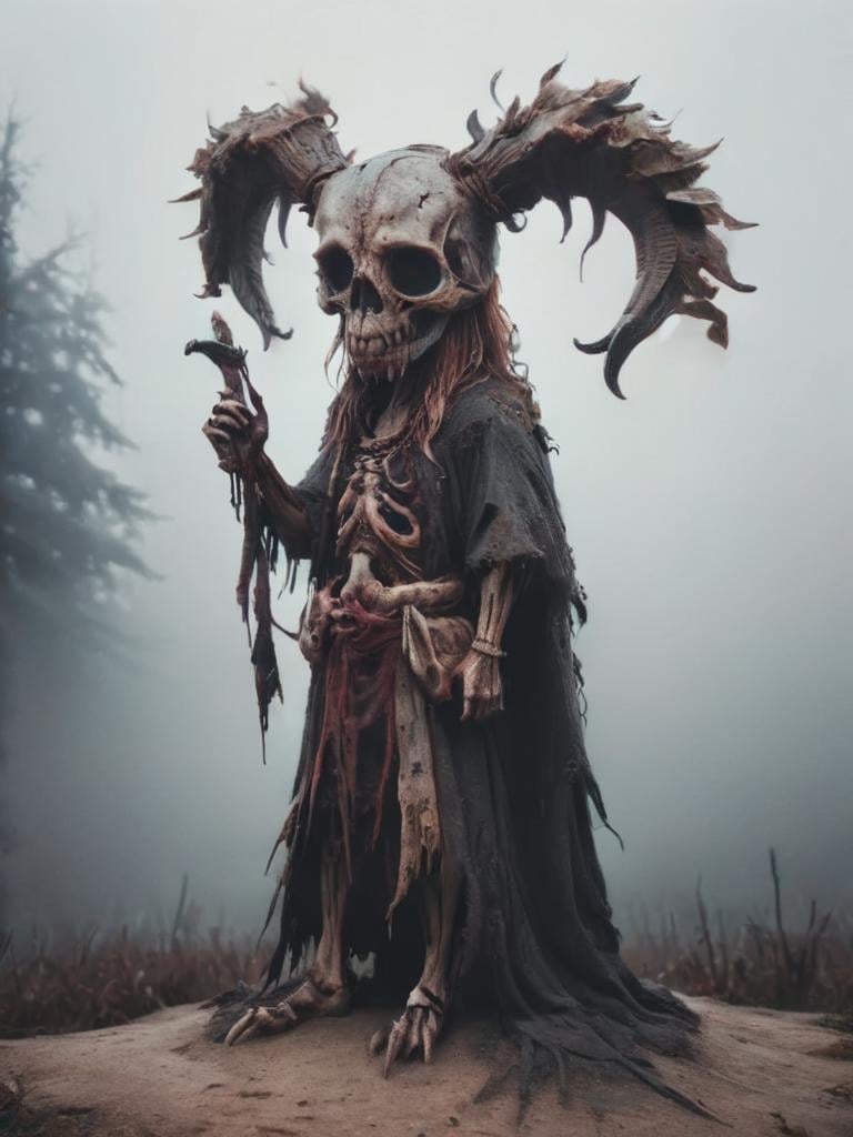 full body shot, skeleton with horns, (wearing bloody animal fur:1.8), viking style, looking evil at viewer, grabing viewer, skeleton hand towards viewer,swampy moor background with fog, zkeleton <lora:zkeleton:1>