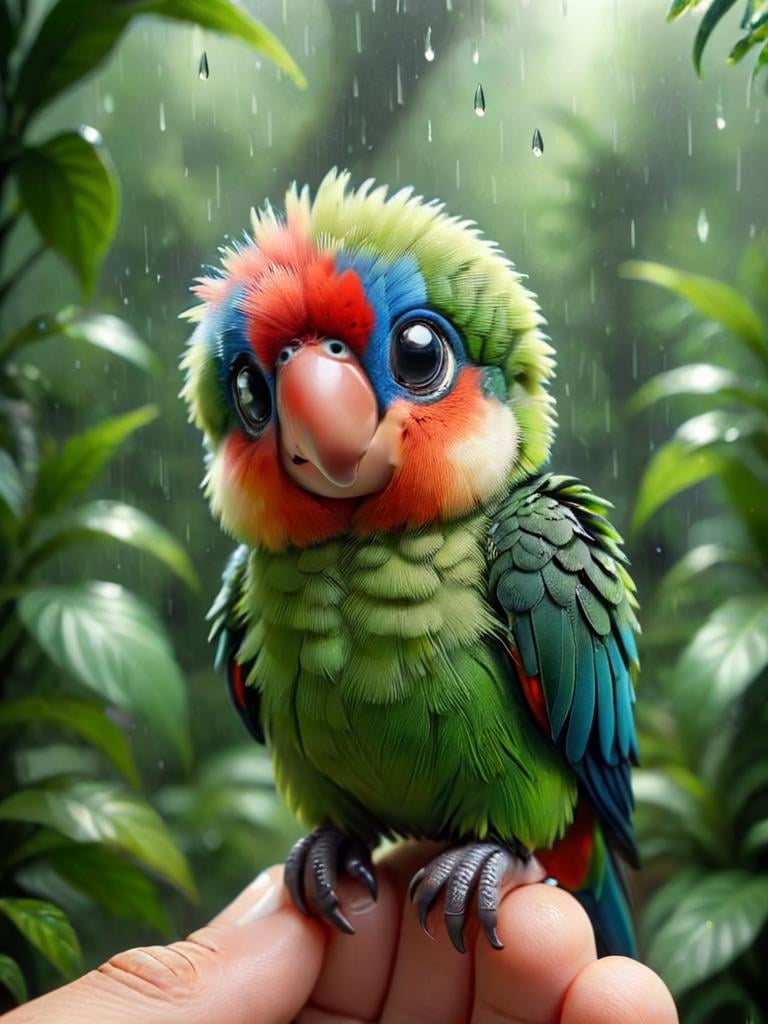 zhibi, chibi, parrot, small parrot, chibi parrot, cute, sitting on a finger, wild rain forrest background <lora:zhibi:1>