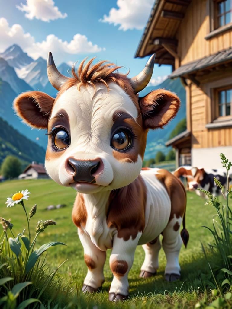 zhibi, chibi, cow, small cow, chibi cow, cute, on a farm, eating grass, in the alps, sun going down on the horizont <lora:zhibi:1>