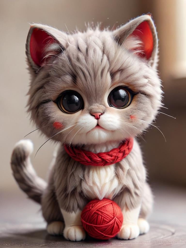 zhibi, chibi, cat, small cat, chibi cat, cute, with red ball of wool <lora:zhibi:1>