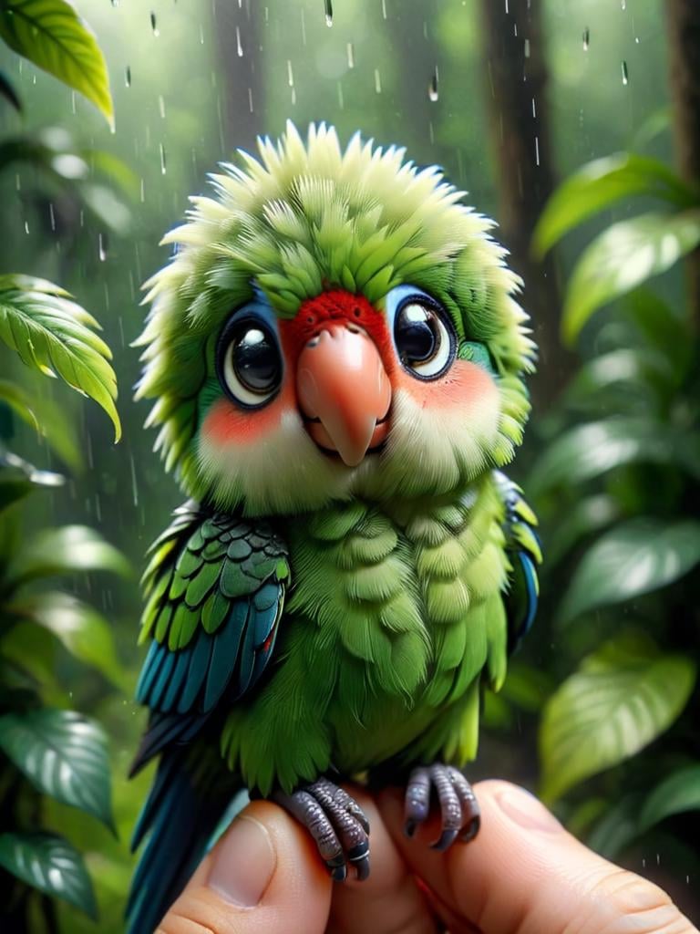 zhibi, chibi, parrot, small parrot, chibi parrot, cute, sitting on a finger, wild rain forrest background <lora:zhibi:1>