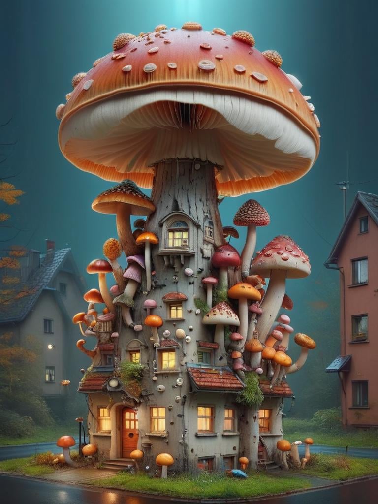 cute cartoon mushroom monsters and mushroom building a giant robot at night by goro fujita and simon stalenhag and wes anderson and alex andreev and chiho aoshima and beeple and banksy and kandinsky and magritte and basquiat and picasso, 8 k, trending on artstation, hyper detailed, cinematic, mushroomz  <lora:mushroomz:1>