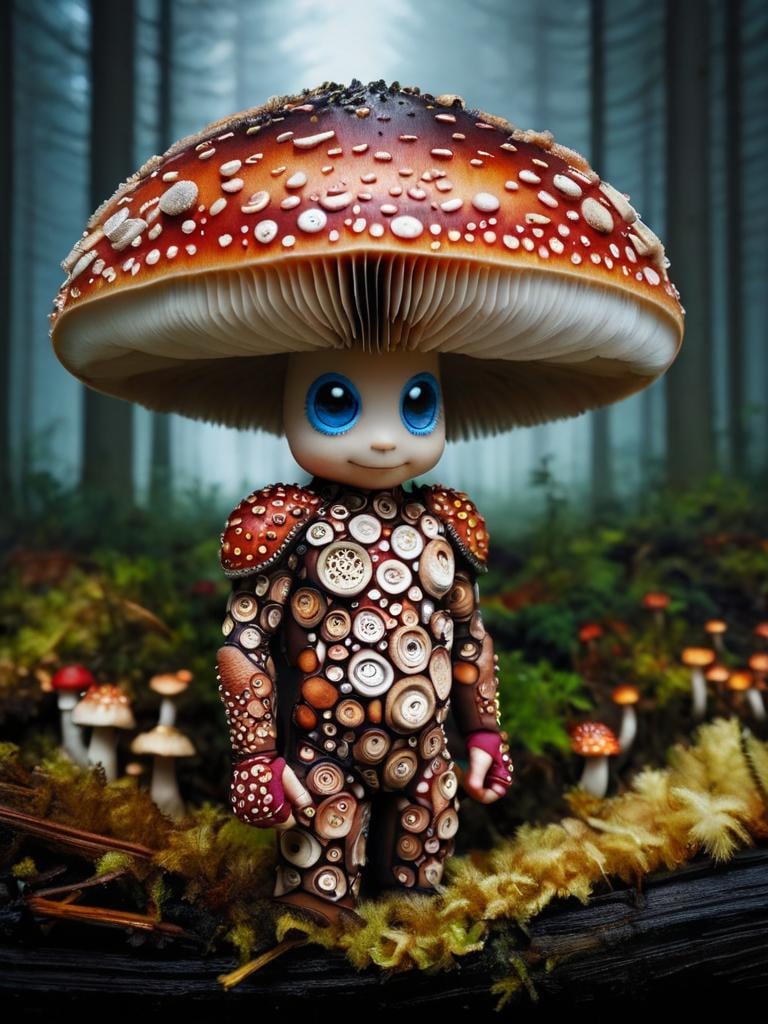 superhero in mushroom outfit, male, godrays from above, in myhtical forest, at night, fog, mushroomz  <lora:mushroomz:1>