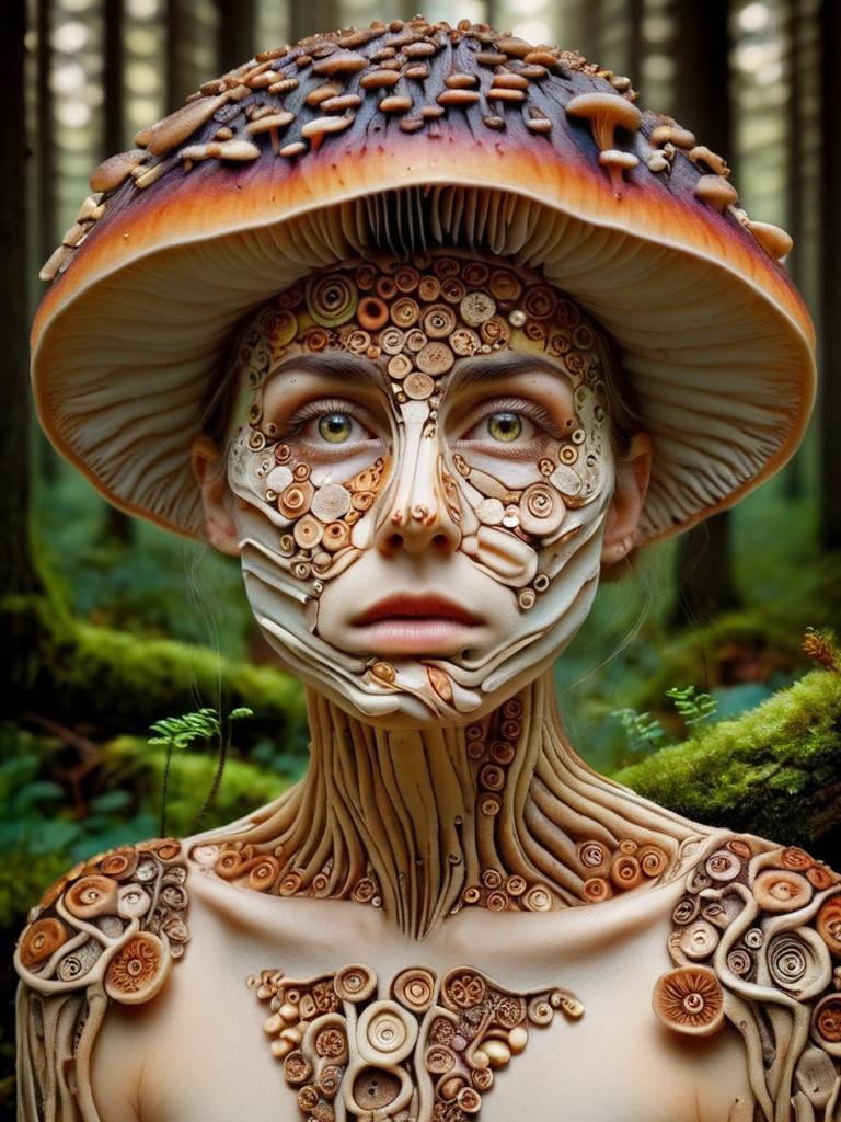 woman in a mythical forest, masterpiece, perfect face, intricate details, horror theme, mushroomz  <lora:mushroomz:1>