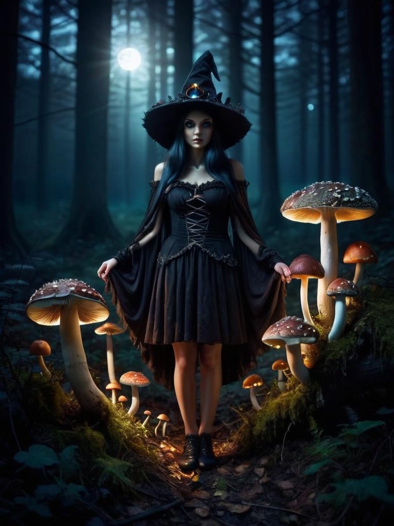 fairy tale, dark witch, dark forrest, at night, backlight, mythical forest, mushroomz  <lora:mushroomz:0.5>