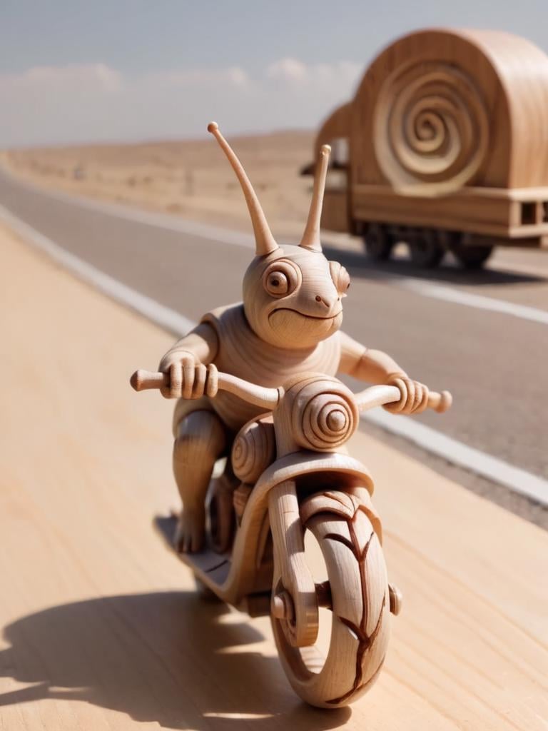 woodfigurez, made out of wood,snail riding a motorcycle, super fast, dust behind motorcycle, on route 66 <lora:woodfigurez-sdxl:0.7>