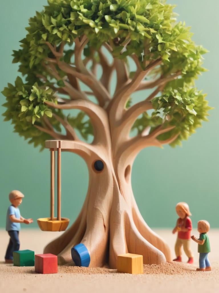 woodfigurez, wooden figure, tree in sandpit, tree, colorful playground background with children, backroom light <lora:woodfigurez-sdxl:0.7>