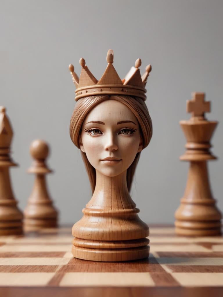 woodfigurez, chessboard, amazing looking wooden queen in focus, upper body, artistic style <lora:woodfigurez-sdxl:0.7>