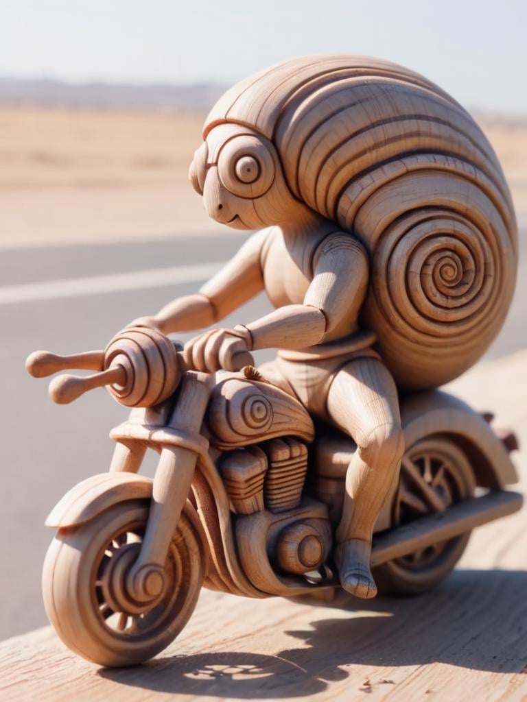 woodfigurez, made out of wood,snail riding a motorcycle, super fast, dust behind motorcycle, on route 66 <lora:woodfigurez-sdxl:0.7>