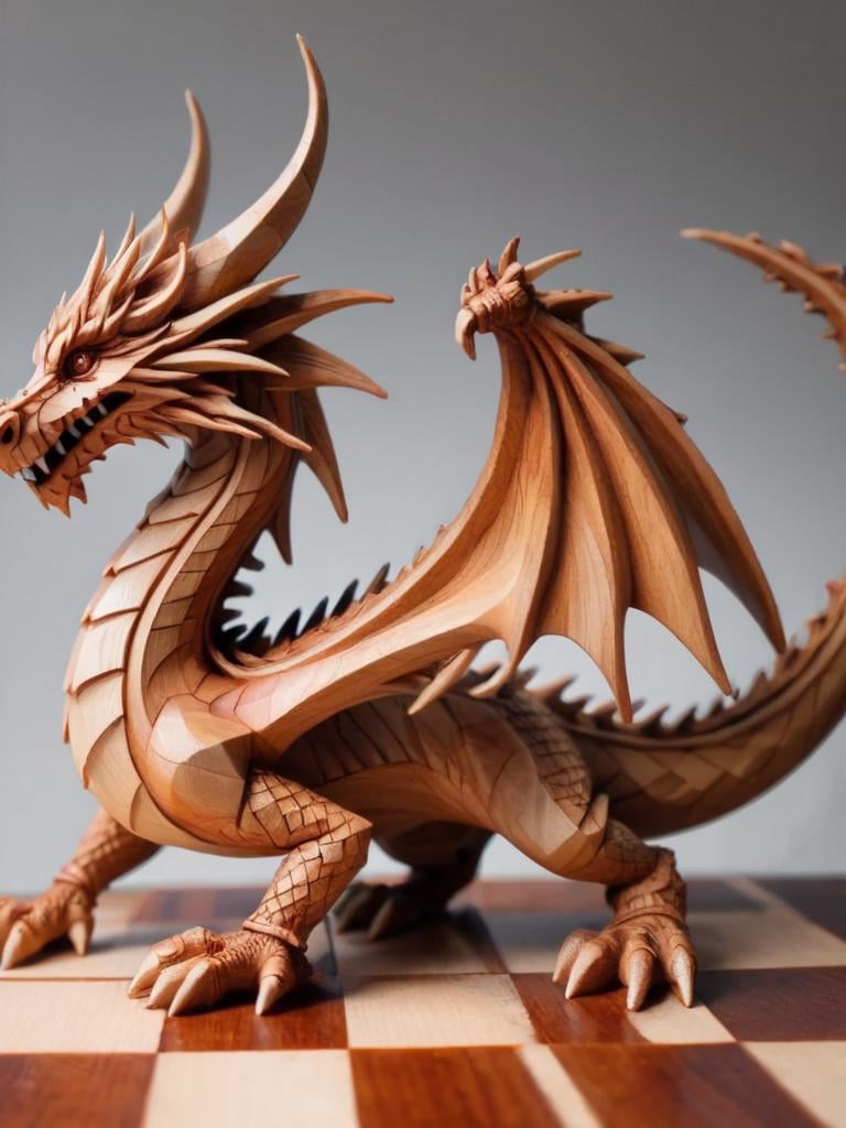 woodfigurez, chessboard, amazing looking wooden dragon, (painted with varnish colors:1.2), artistic style <lora:woodfigurez-sdxl:0.7>