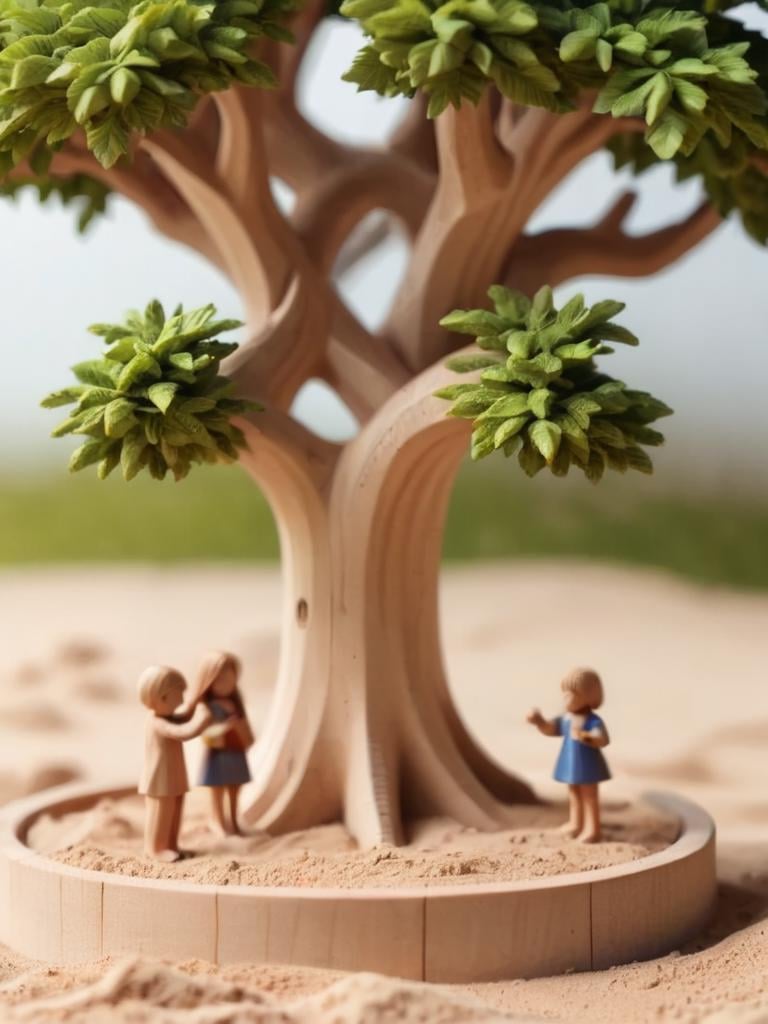 woodfigurez, wooden figure, tree in sandpit, tree, colorful playground background with children, backroom light <lora:woodfigurez-sdxl:0.7>