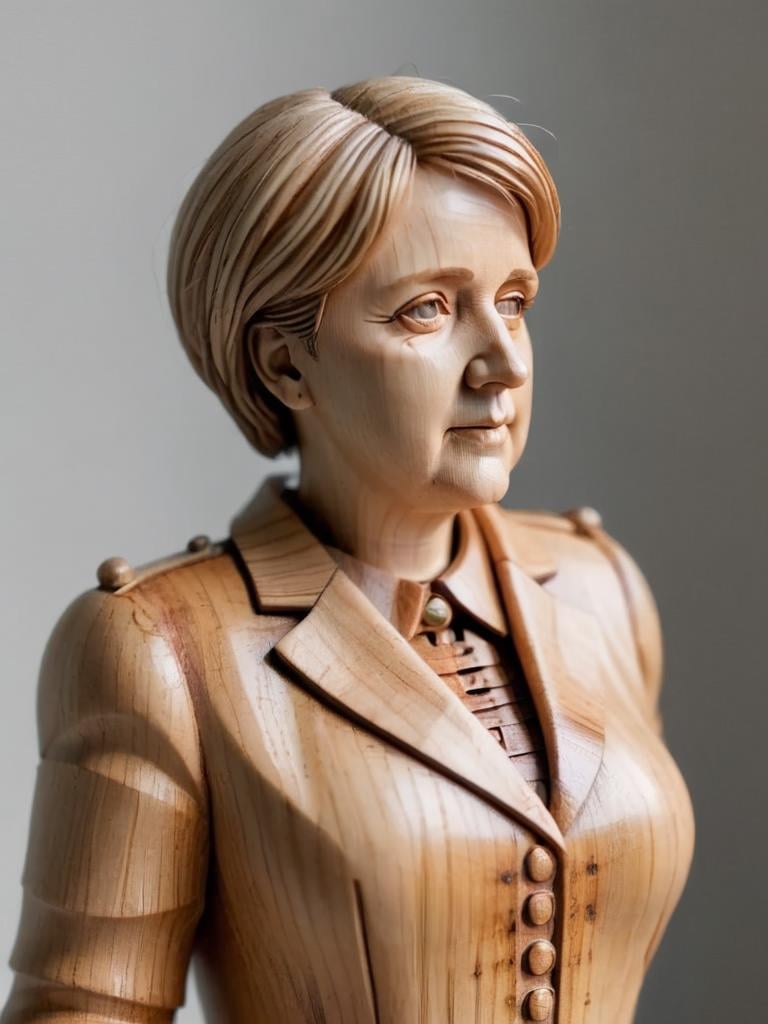 woodfigurez, made out of wood, aged angela merkel made out of wood, bust, front view, standing the german reichstag <lora:woodfigurez-sdxl:0.7>