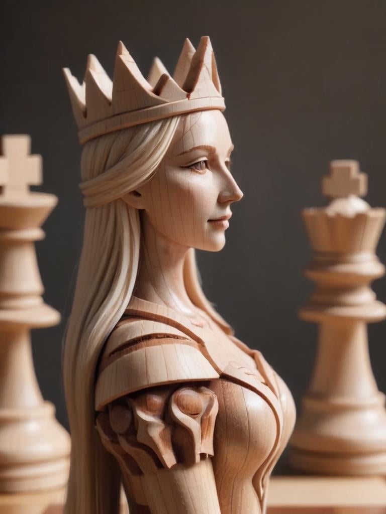 woodfigurez, chessboard, amazing looking wooden queen in focus, upper body, artistic style <lora:woodfigurez-sdxl:0.7>
