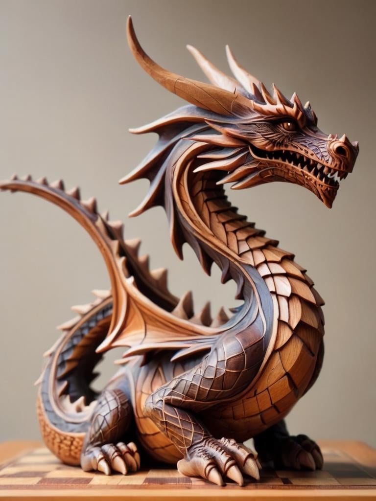 woodfigurez, chessboard, amazing looking wooden dragon, (painted with varnish colors:1.2), artistic style <lora:woodfigurez-sdxl:0.7>