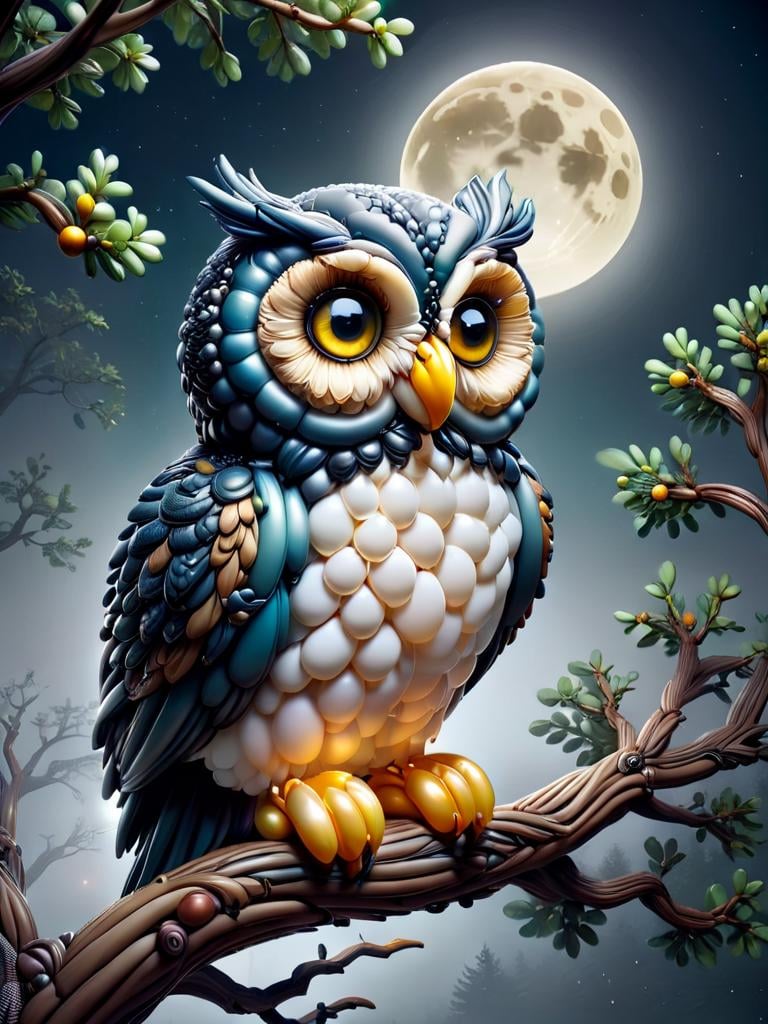 baloonz, owl made out of baloons, sitting in a tree, at night, big eyes, shiny moon, glowing moon, foggy ground <lora:baloonz:1>