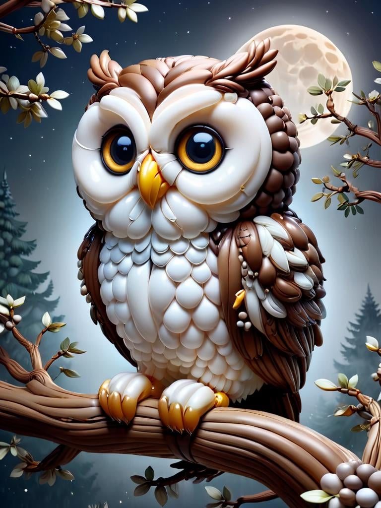 baloonz, owl made out of baloons, white and brown owl, sitting in a tree, at night, very cute and big eyes, shiny moon, foggy background <lora:baloonz:1>