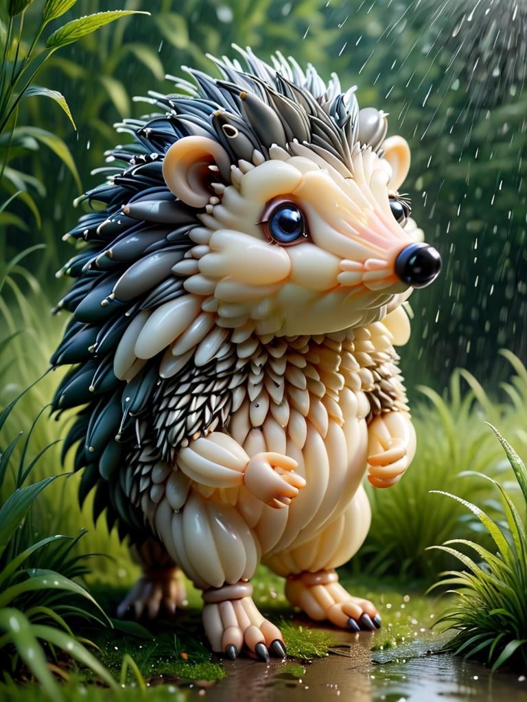 balloonz, balloons, made out of balloons, hedgehog, standing hedgehog,, rainy day, in high grass, diffuse light <lora:balloonz-sdxl:1>