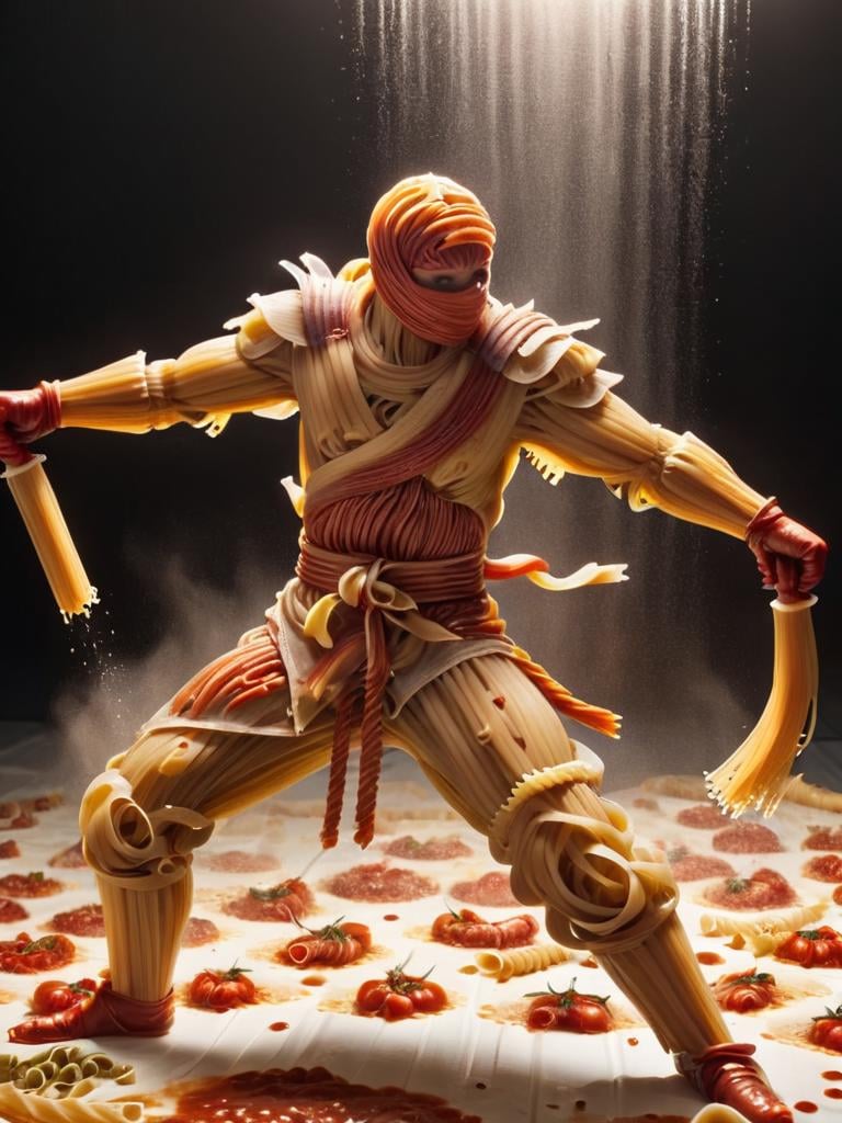 fight scene, blood made out of tomato sauce, 4k, full body, melted cheese face, ninja made out of noodles, white body noodle armor, holding noodle weapon, (dripping tomato sauce:1.6), smoke, night, cinematic, color grading, (black background:1.5), noodle dungeon, dark light, noodlez <lora:noodlez:1>