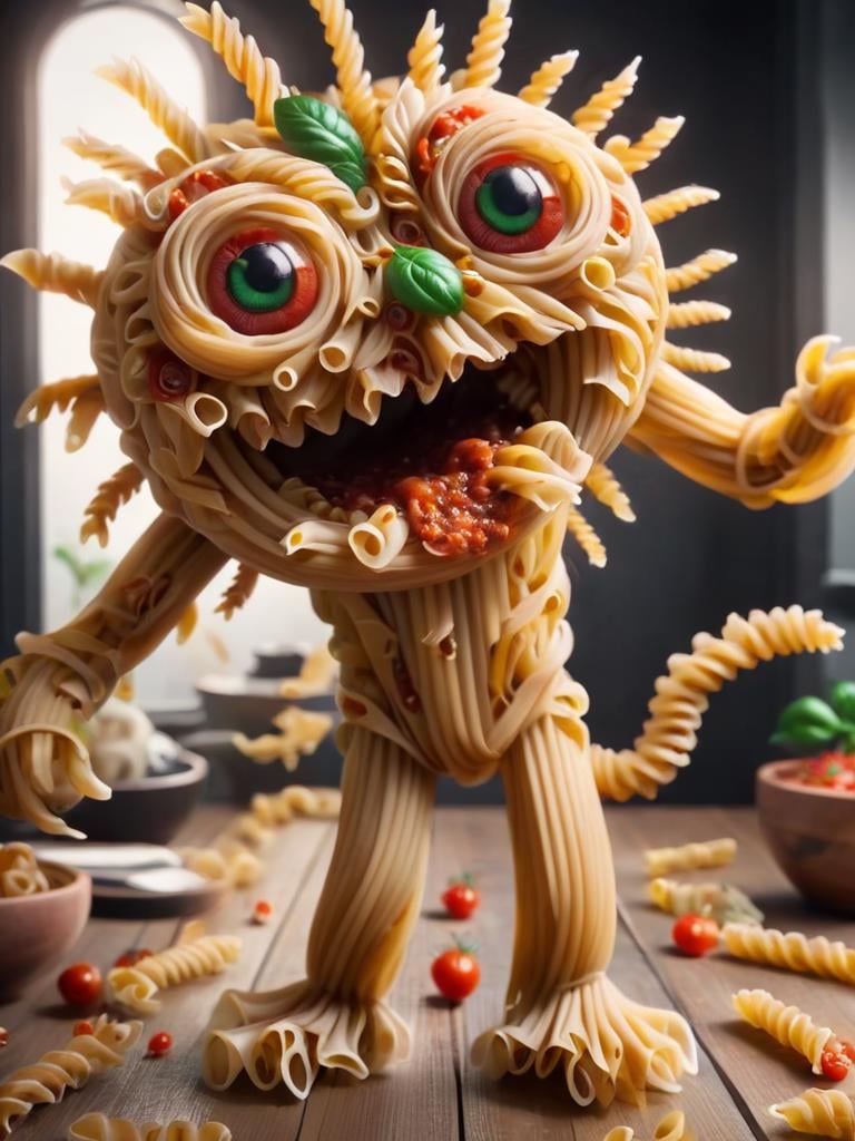 massive noodle monster, big evil smile, evil face, monster made out of noodles, tomato sauce, flying tomatoes, (dark mirror background:2), made out of noodles, evil scene, dark scene, fight scene, noodlez <lora:noodlez:1>