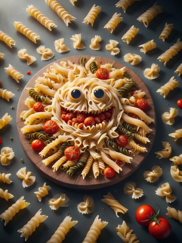 massive noodle monster, big evil smile, evil face, monster made out of noodles, tomato sauce, flying tomatoes, (dark mirror background:2), made out of noodles, evil scene, dark scene, fight scene, noodlez <lora:noodlez:1>