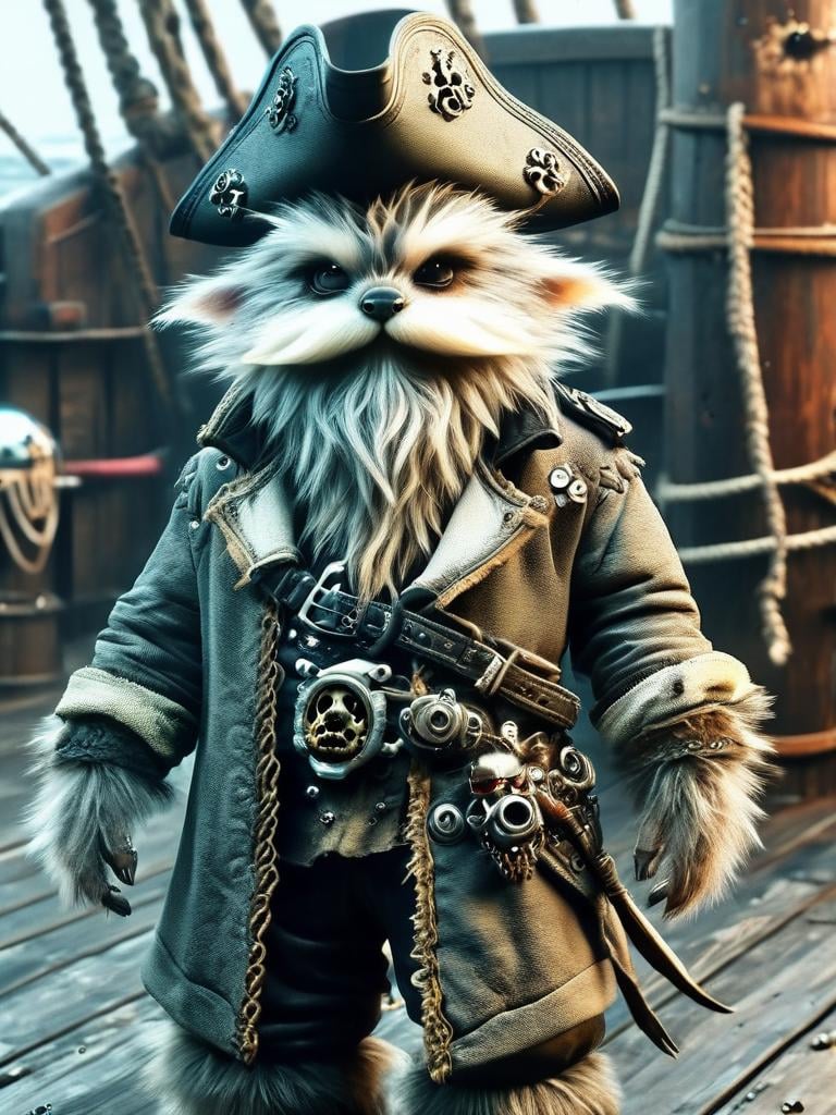 fur pirates, (cyberpunk, dystopian future:1.4), rotten ship, rotten floor, old fur pirate, grey beard <lora:furpirate-000004:0.9>