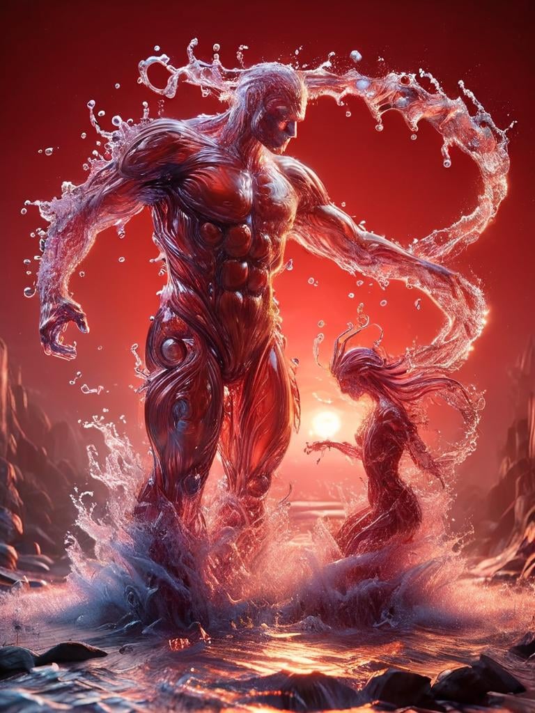 watce, water elemental bloody red water a fight between monsters <lora:watce-sdxl:1>