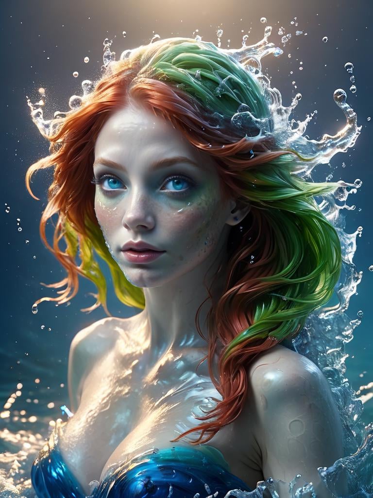 a surreal color portrait of a beautiful mermaid rising out of the sea, red hair, blue eyes, scales, water splashing around her, dramatic lighting, highly detailed, shades of deep blue and green <lora:watce-sdxl:1> watce