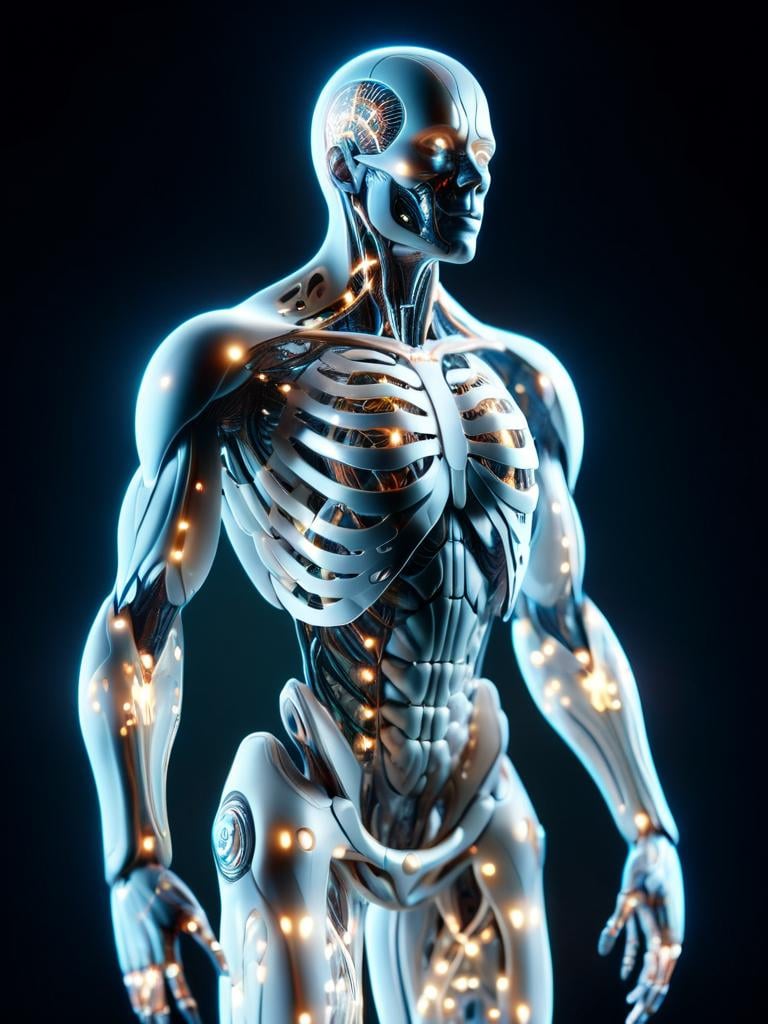 professional 3d model of a cyborg, body made of white and silver parts, led lights, circuits, octane render, highly detailed, volumetric, dramatic lighting <lora:tranzp-sdxl:1> tranzp, visible  organs, visible bones