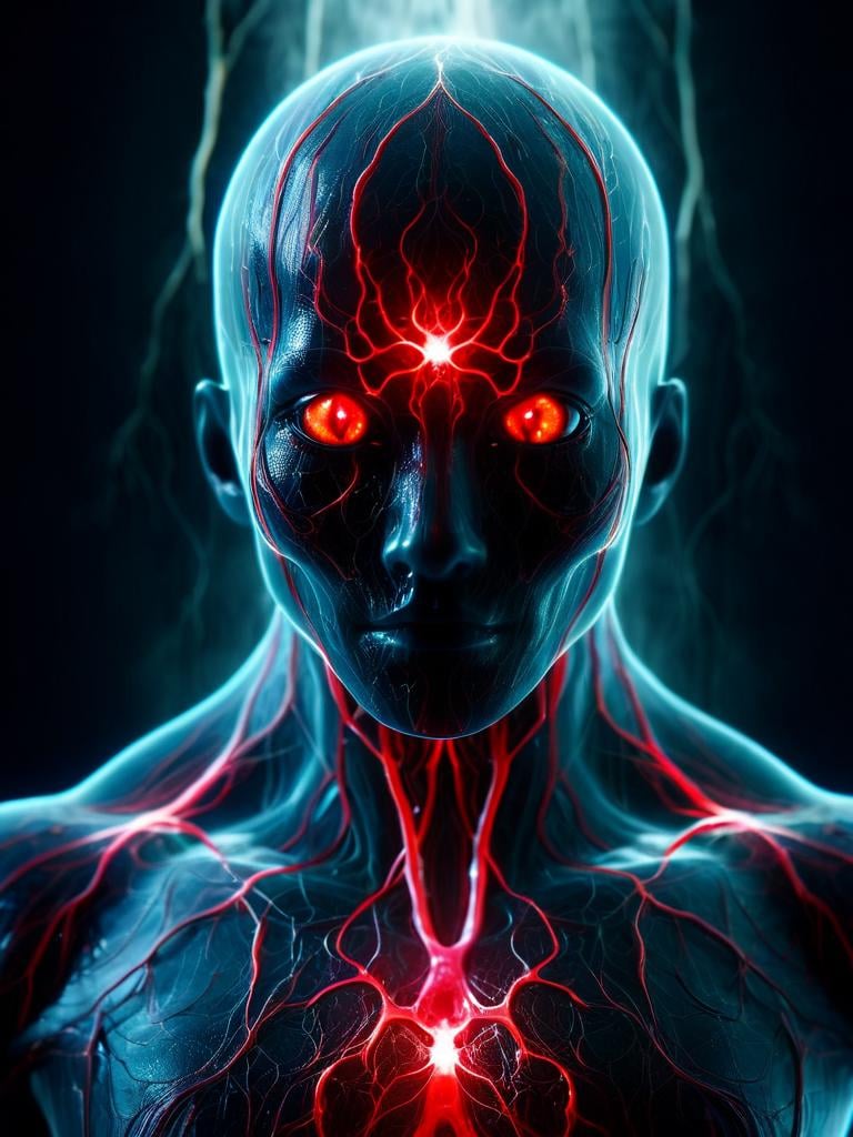 A creepy dark humanoid figure with big red eyes, scary, eerie, stunning fantasy photo, fantasy background <lora:tranzp-sdxl:1>  tranzp, glas body, glowing vein