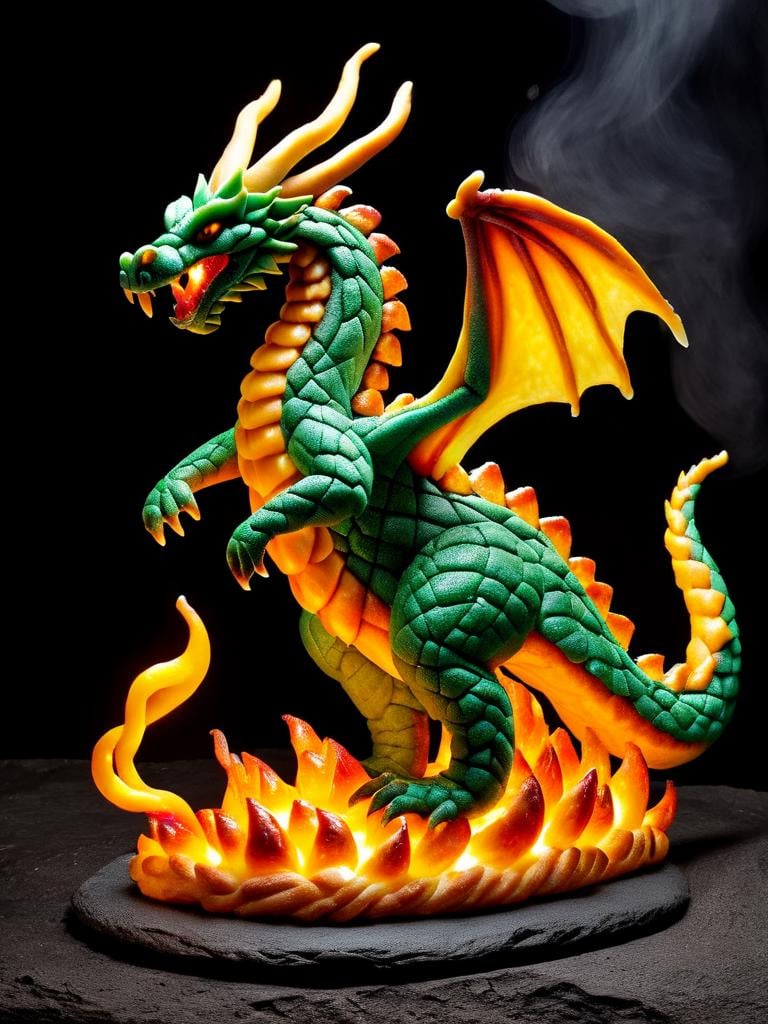 dragon made out of pastry, standing on lava rock, breathing fire <lora:pastry-sdxl:1>