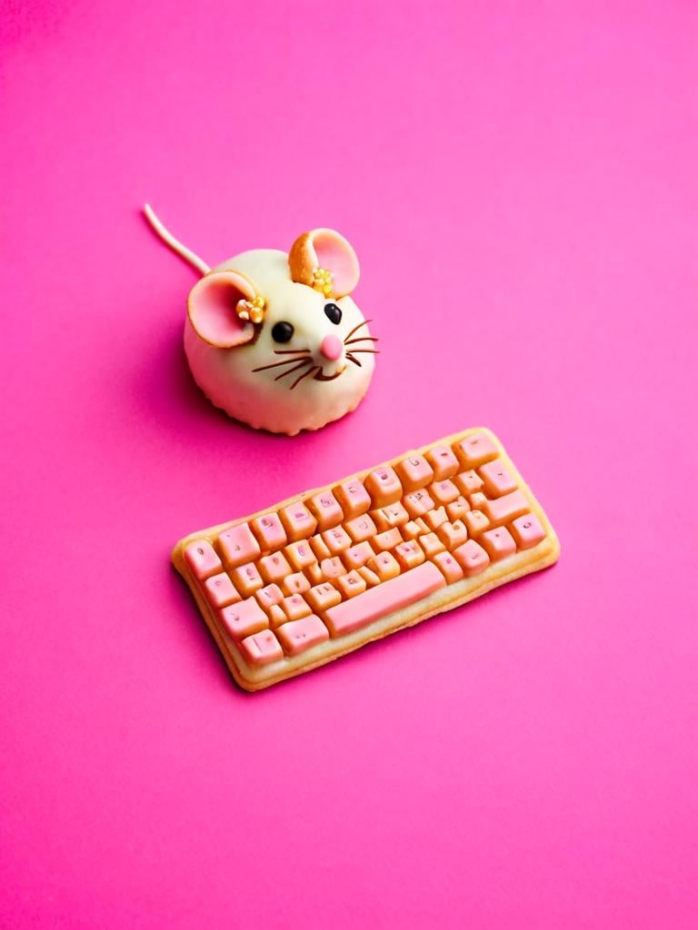 mouse and keyboard, made out of pastry, pink background <lora:pastry-sdxl:0.7>