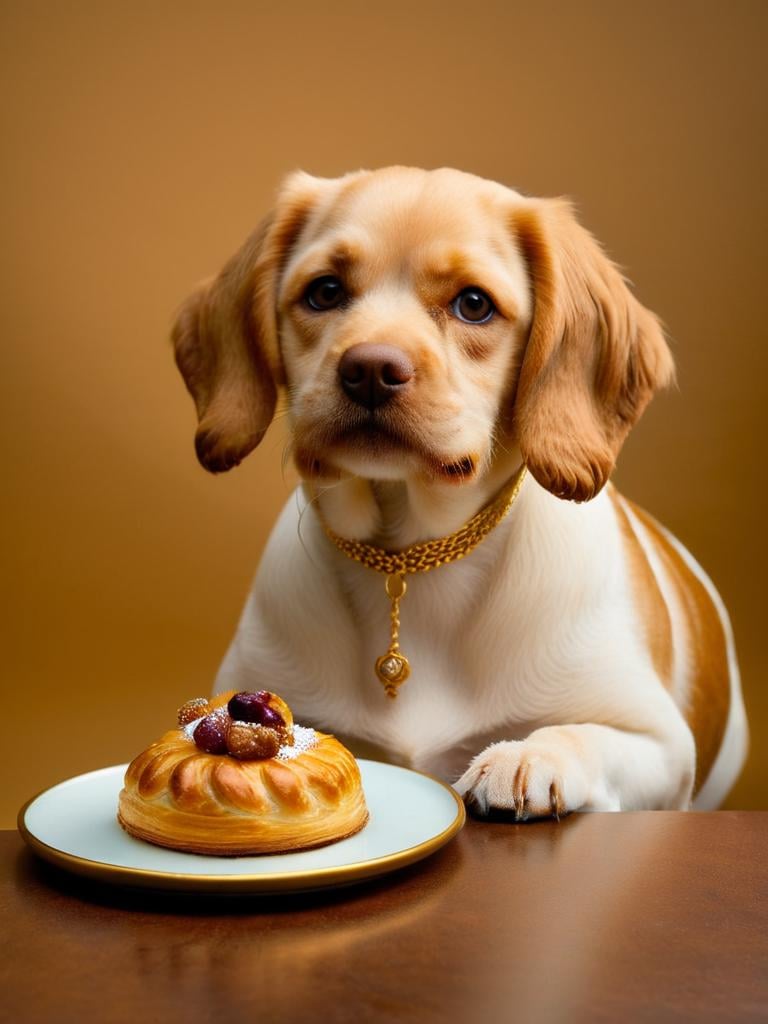 dog looking at, amazing pastrey dish on a gold plate, pastry  <lora:pastry-sdxl:1>